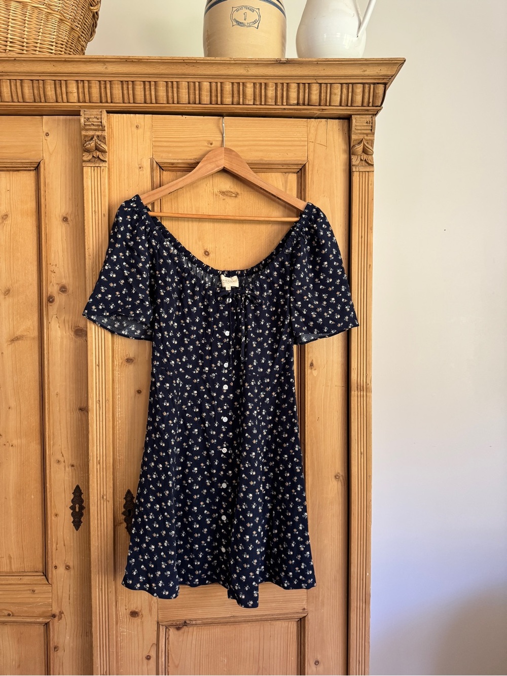 Sezane Navy Floral Short Sleeve Dress
